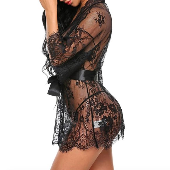 Black Lace Lingerie Robe And Thong Set With Satiny Belt - Picture 11 of 16